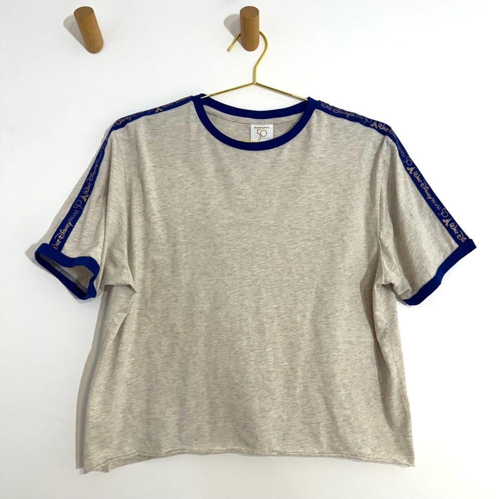 Disney World Cropped Boxy Marled Neutral Beige Raglan Crewneck Tee Shirt Large